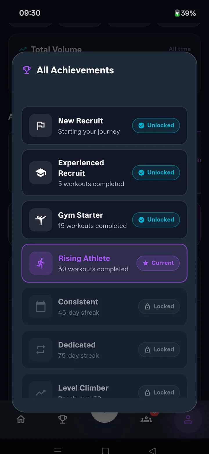 All achievements: New Recruit, Experienced Recruit and Gym Starter unlocked, Rising Athlete current, Consistent and Dedicated still locked.
