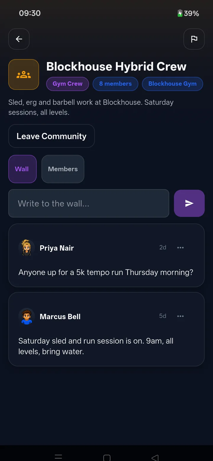 A community wall: Blockhouse Hybrid Crew, eight members, with posts from Priya Nair and Marcus Bell about a Saturday session.