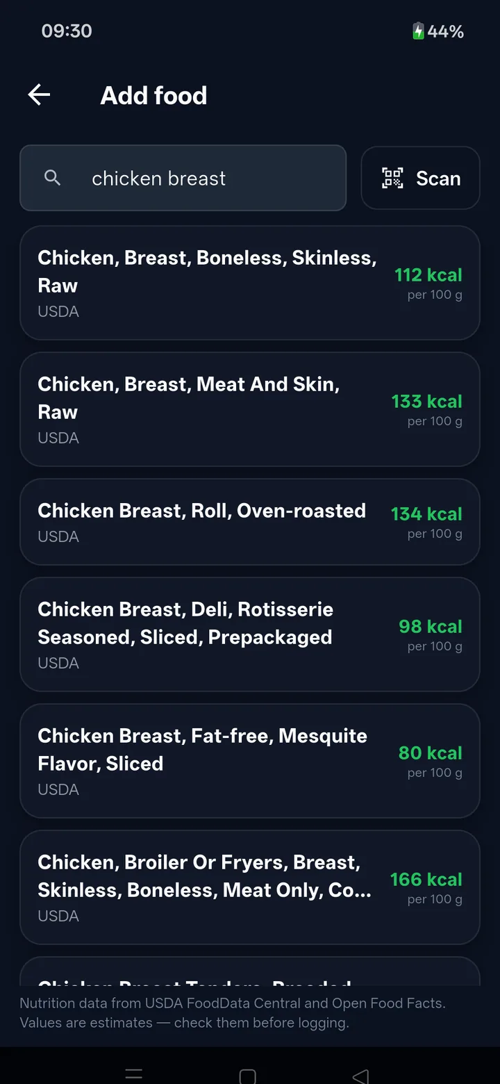 Food search for chicken breast, a Scan button beside the field, and USDA results each with calories per 100 grams.