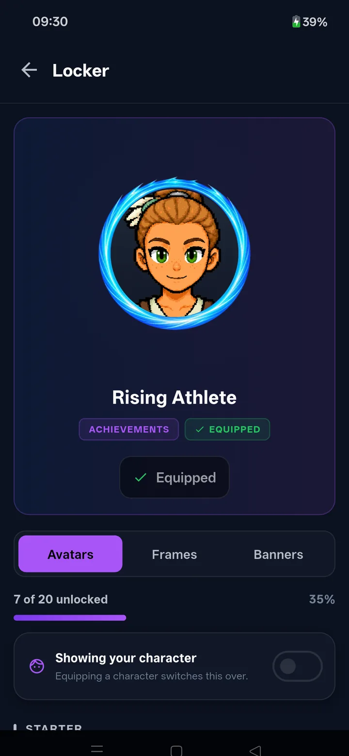 Locker: pixel characters, frames and banners, seven of twenty unlocked.