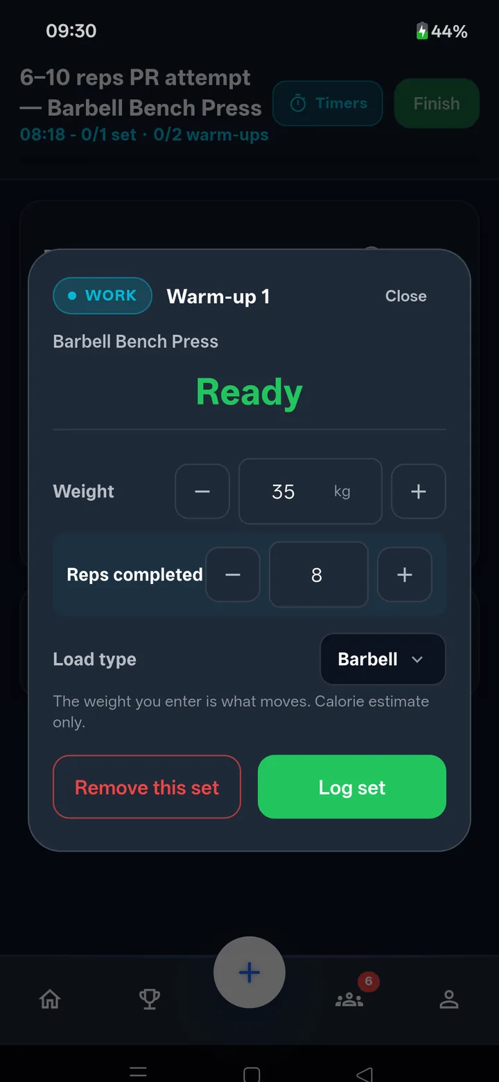 The set logger, open on set four of barbell bench press: 82.5 kilos, a four-to-six rep target, six reps completed.