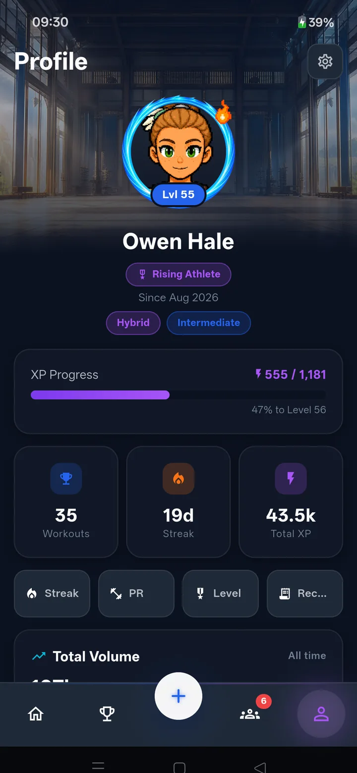 Profile: the equipped pixel character at level 51, with XP progress, workouts, streak and total volume.