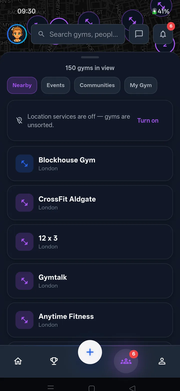 Socials: a map of gyms with the nearby ones listed under it, plus events, communities and your own gym.