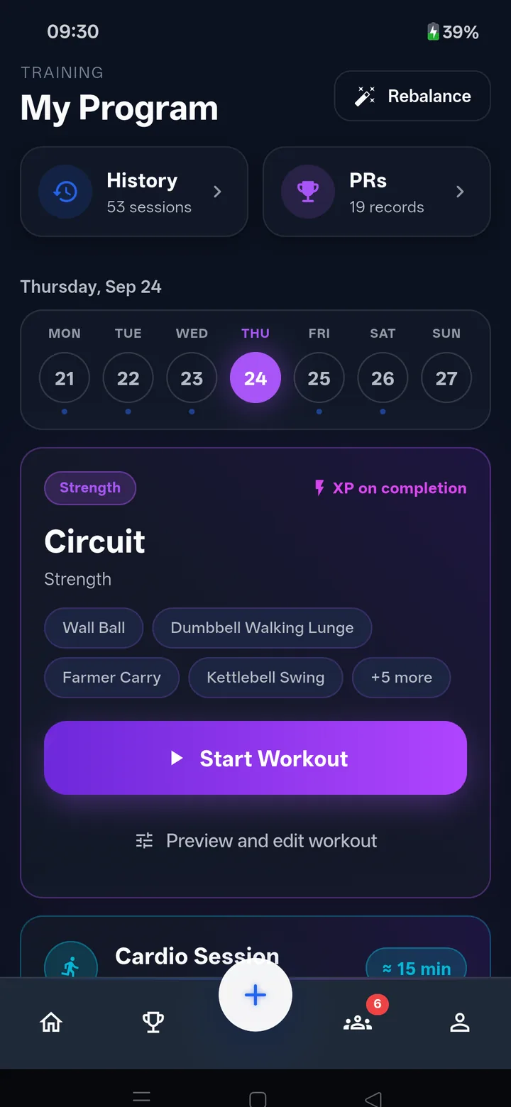 Trainer: the week strip from Monday to Sunday, sessions and records logged, Push Day ready to start.