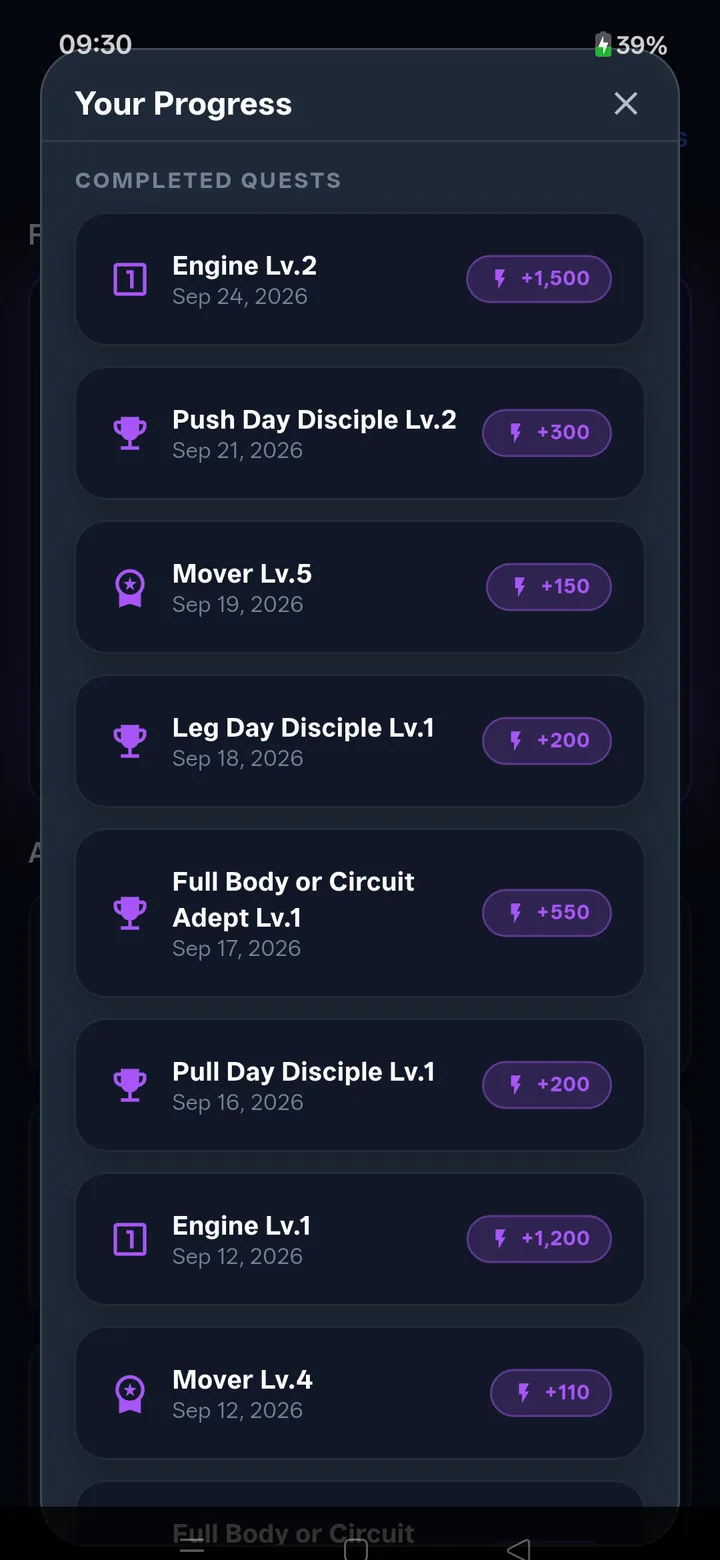Completed quests, each with its date and the XP it paid: Mover Lv.5 +150, Leg Day Disciple +200, Full Body Day Adept +550, Engine Lv.1 +1200.